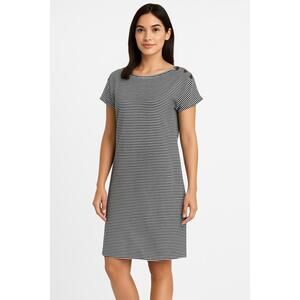 Bobeau Small Blue Striped Short Sleeve Knee Length Cotton‎ Casual Dress